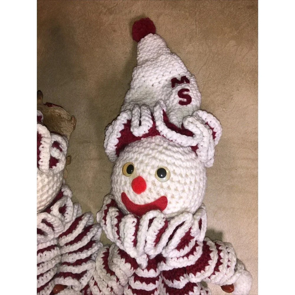 2 Vtg Clown Crochet Dolls Yarn Handmade Mississippi State Football MCM 80s Fan - Picture 3 of 12